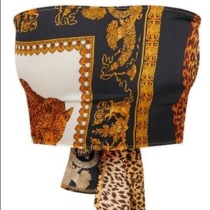 Black Scarf Print Tie Front Crop Top